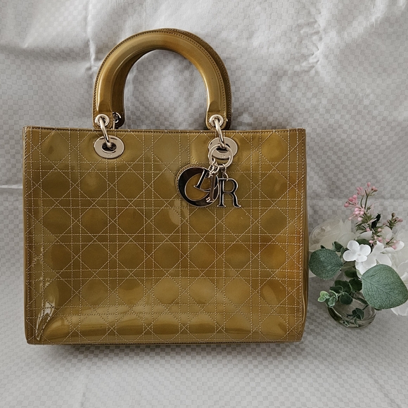 Dior Handbags - Christian Dior Cannage Lady Dior Gold Enamel Luxury Hand Bag (LIMITED EDITION)
